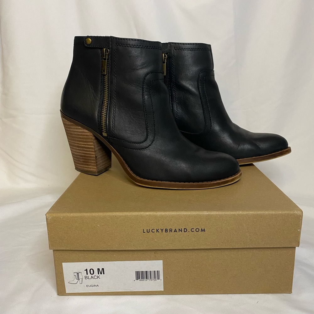 Lucky Brand Women’s Eugina leather heeled double zip ankle boots